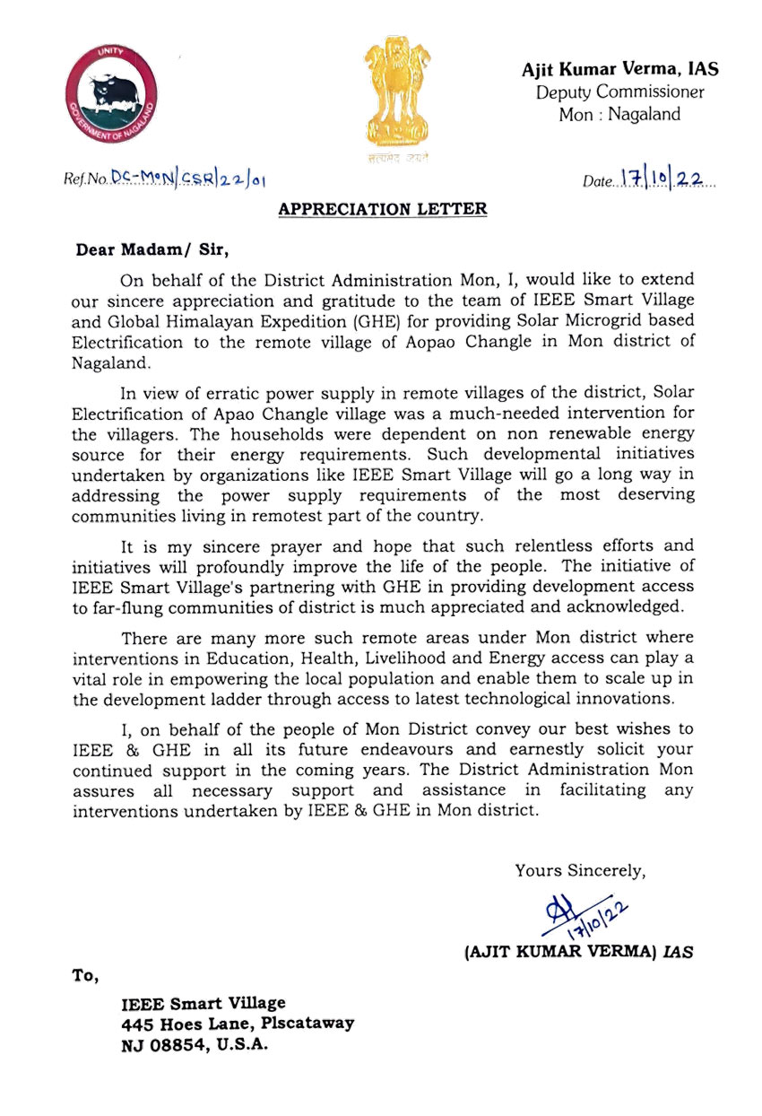 Appreciation Letter for IEEE Smart Village.